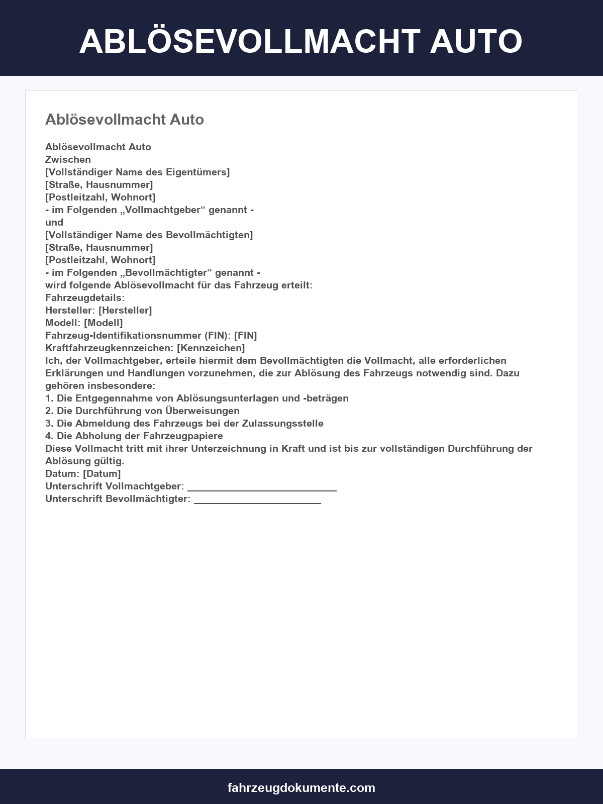 Ablösevollmacht Vorlage Auto