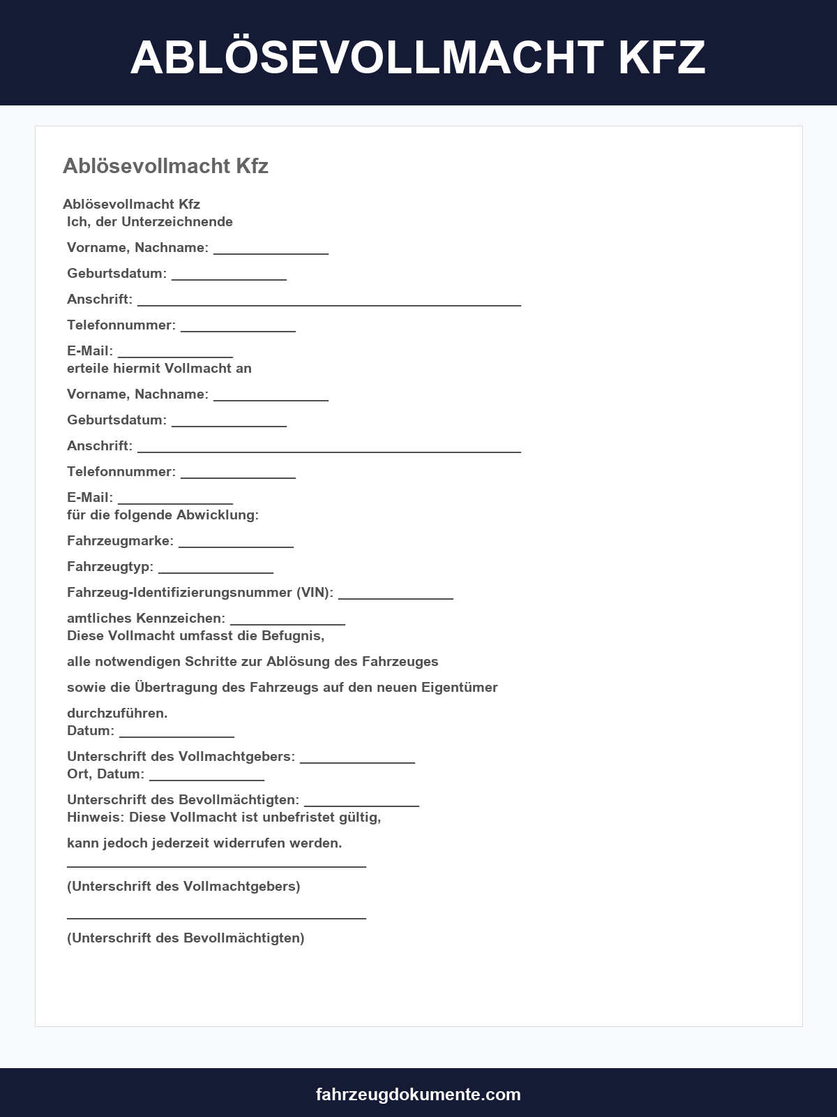 Ablösevollmacht Kfz Vorlage