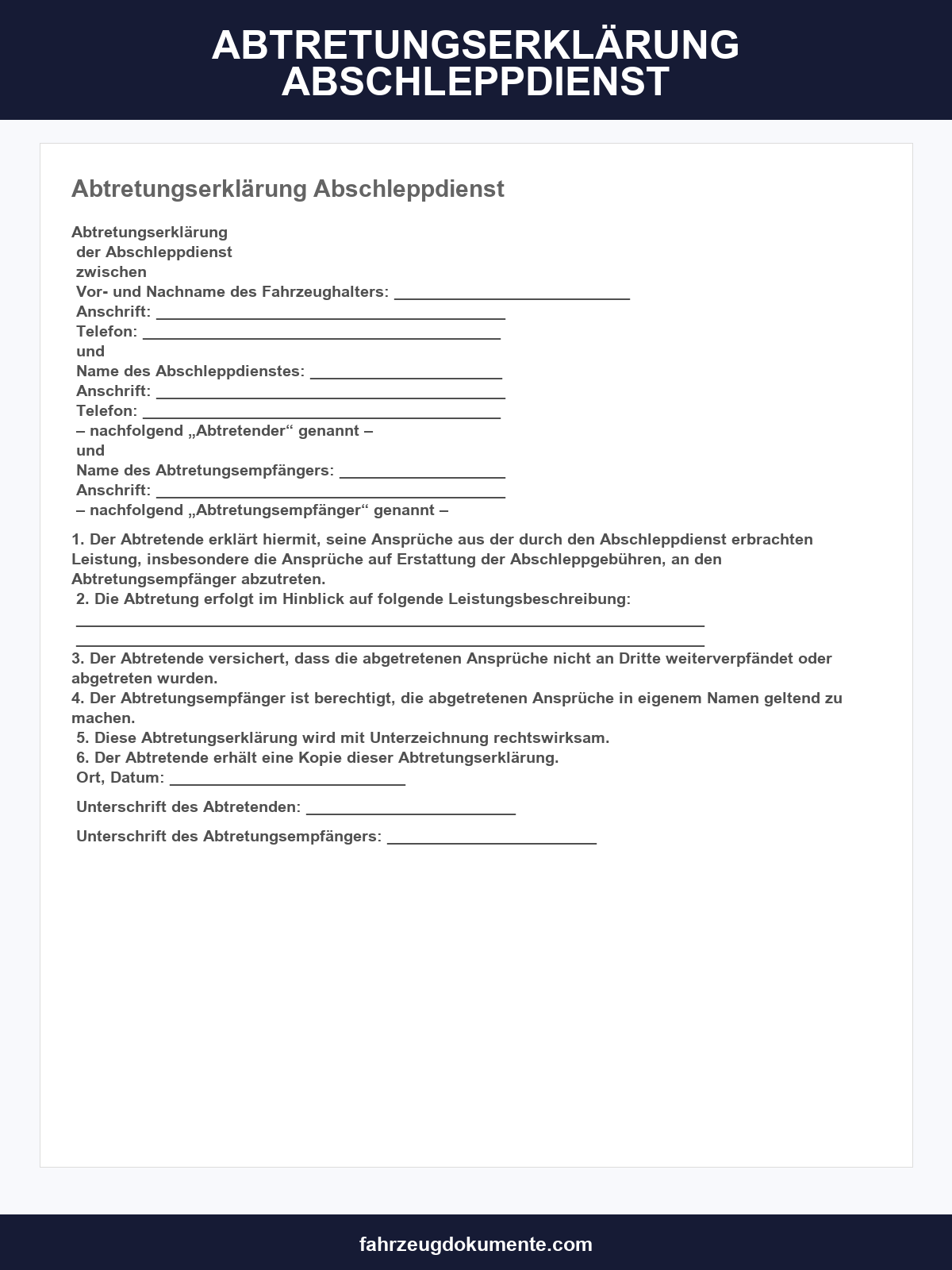 Abtretungserklärung Abschleppdienst