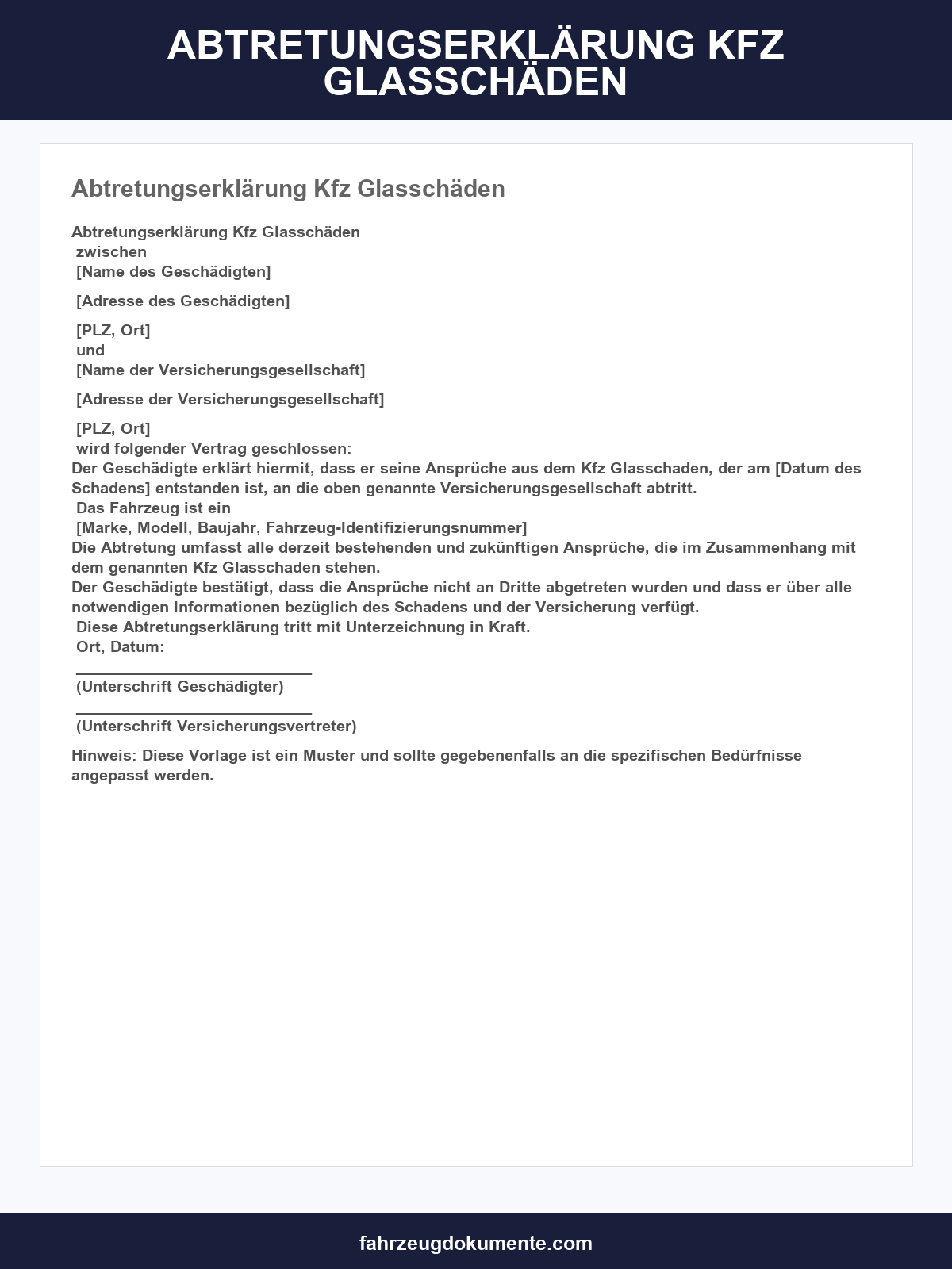 Abtretungserklärung Kfz Glasschäden