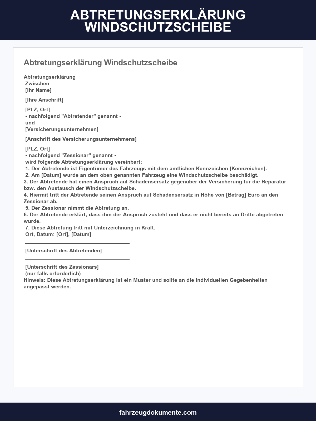 Abtretungserklärung Windschutzscheibe