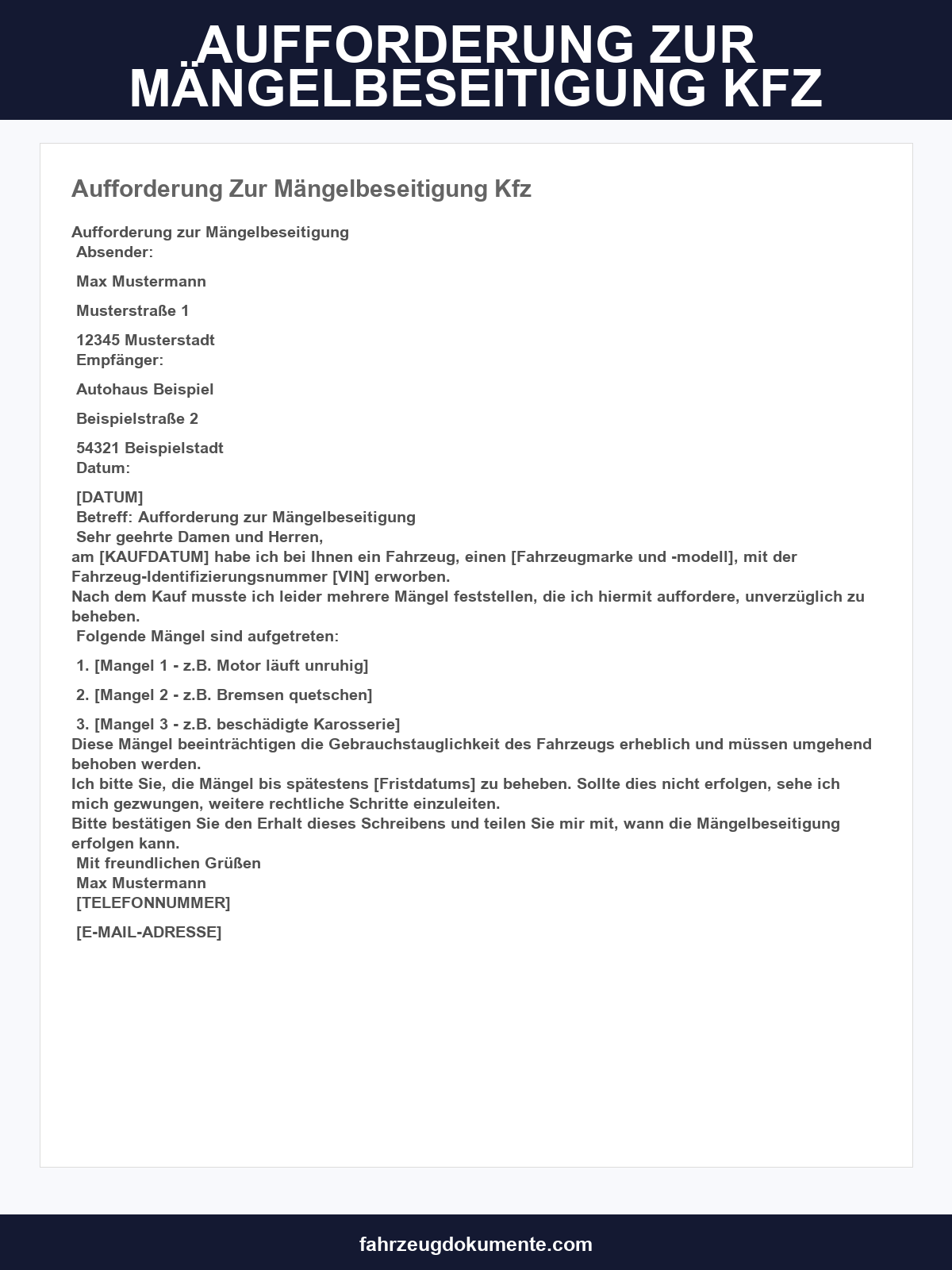 Aufforderung Zur Mängelbeseitigung Kfz Muster