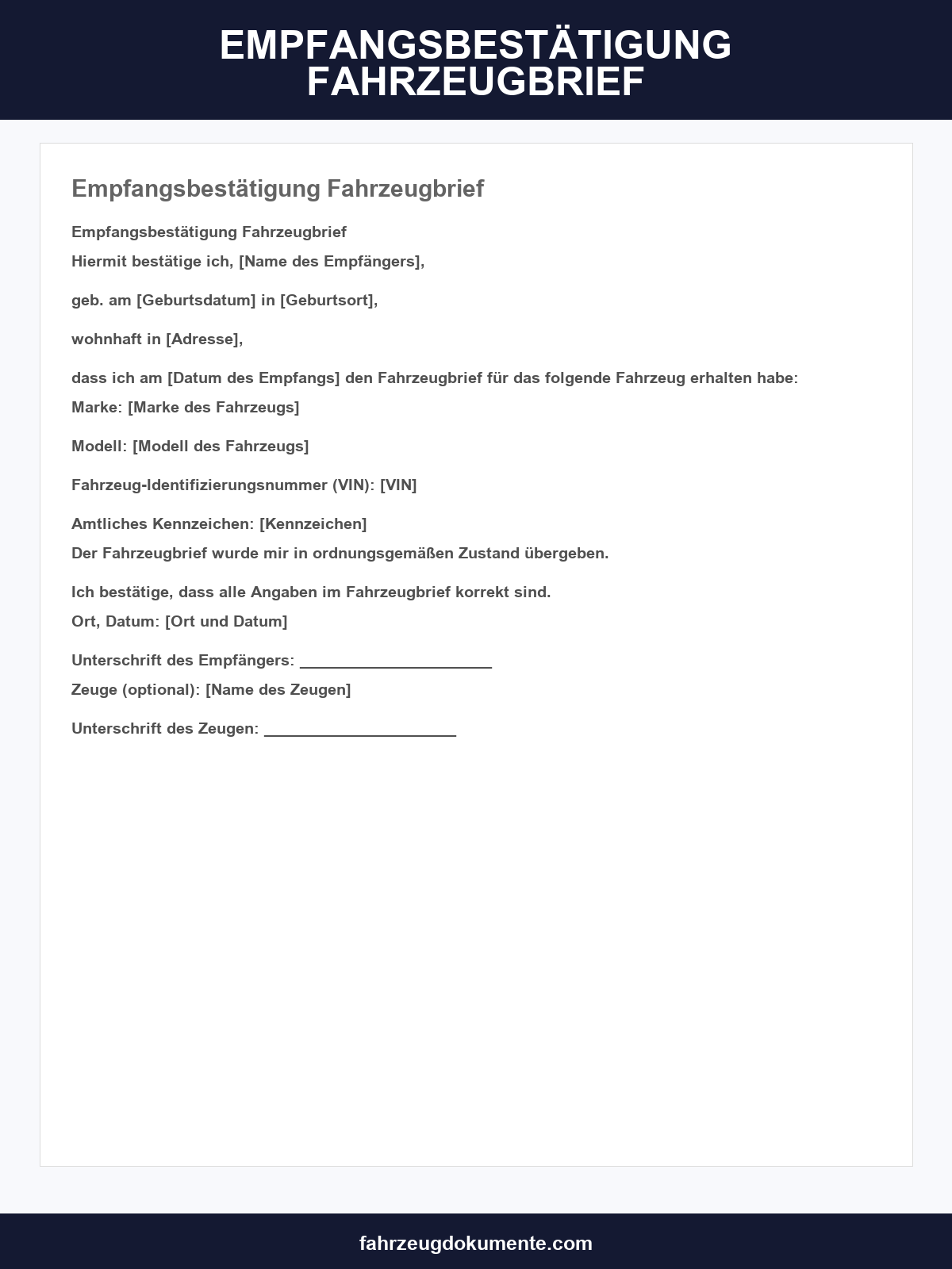 Empfangsbestätigung Fahrzeugbrief Muster