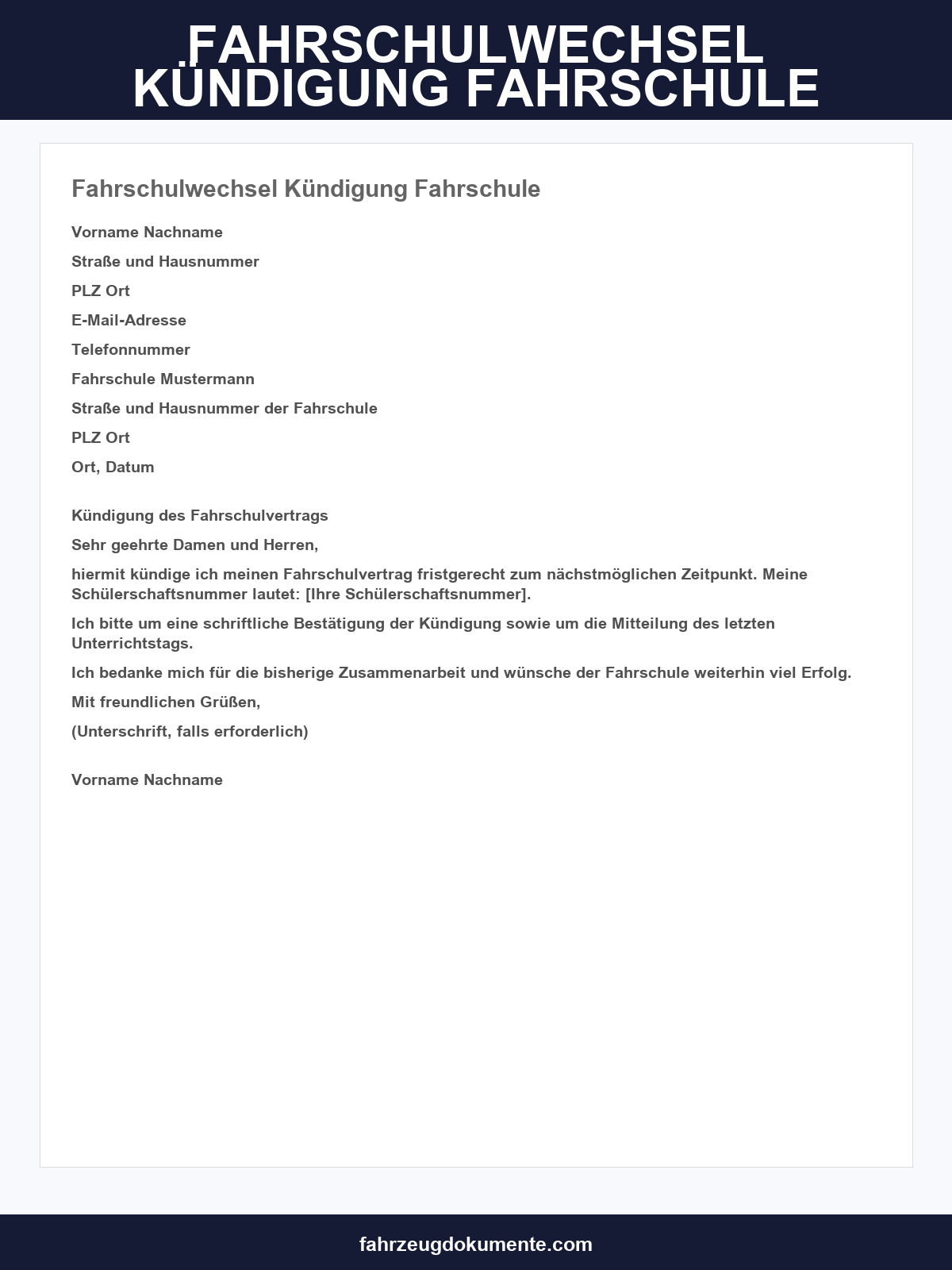 Fahrschulwechsel Muster Kündigung Fahrschule