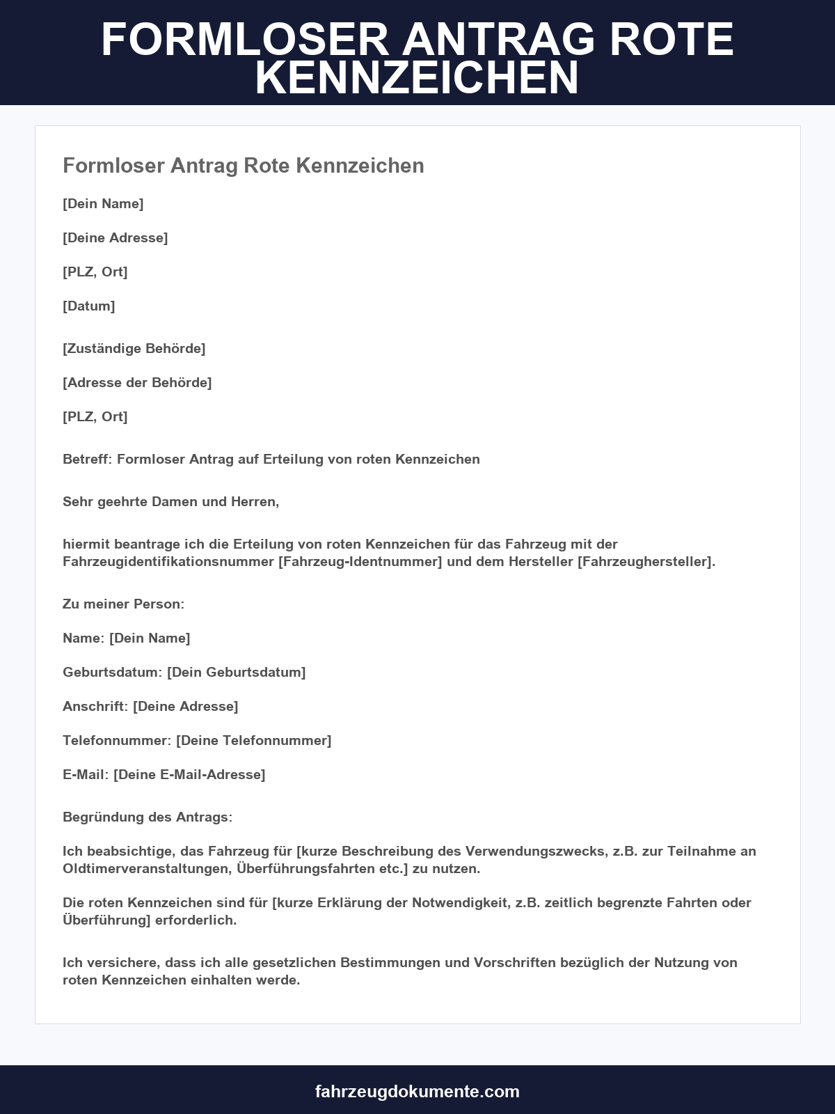 Formloser Antrag Rote Kennzeichen Muster
