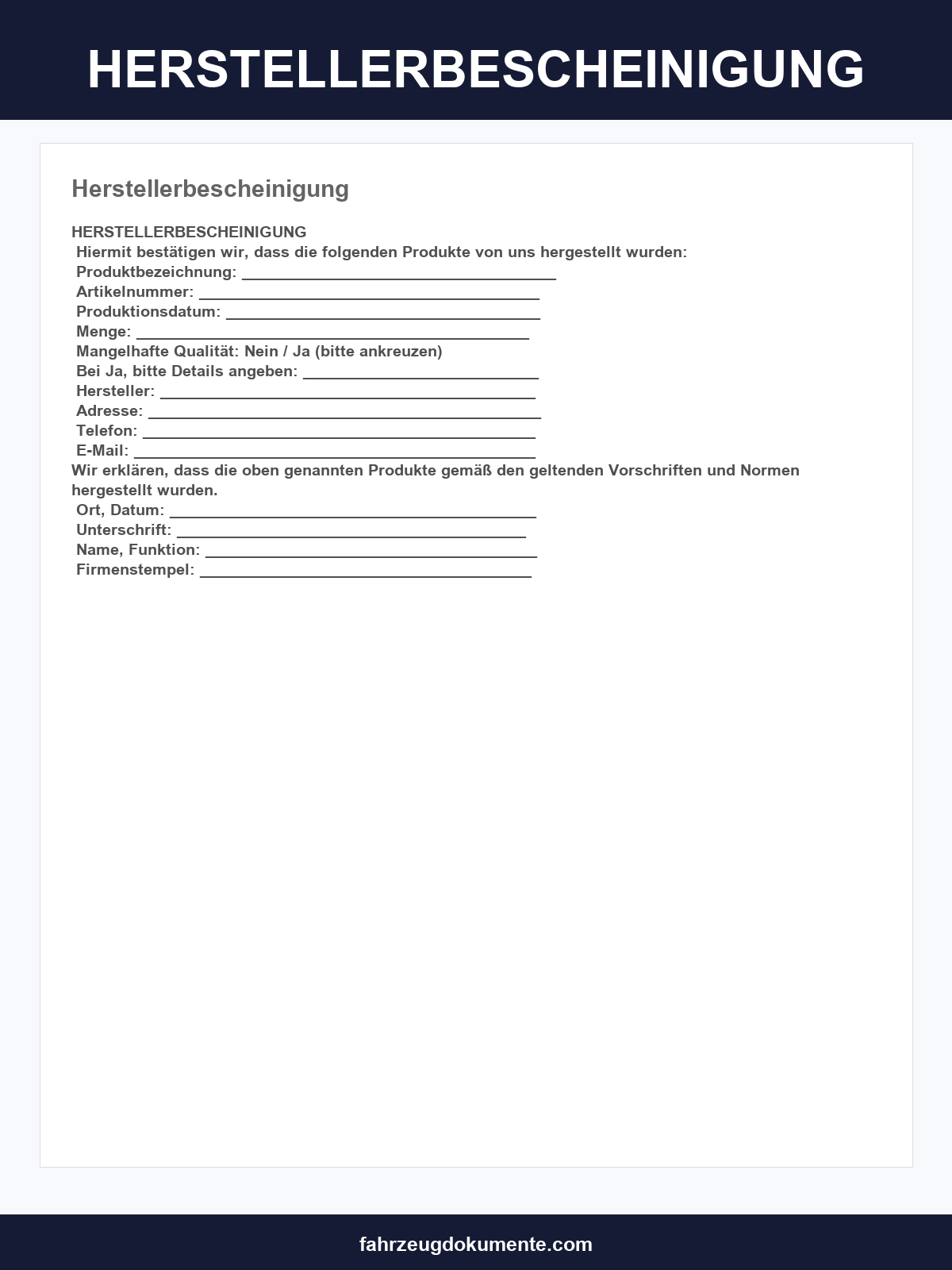 Herstellerbescheinigung Muster