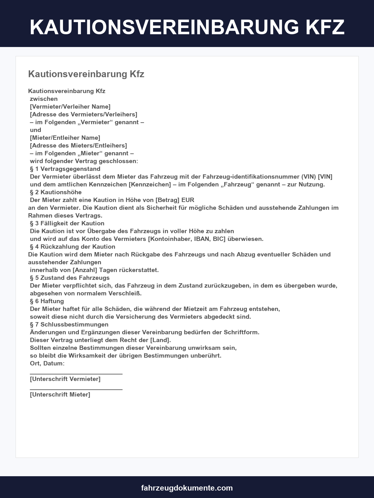 Kautionsvereinbarung Kfz Muster