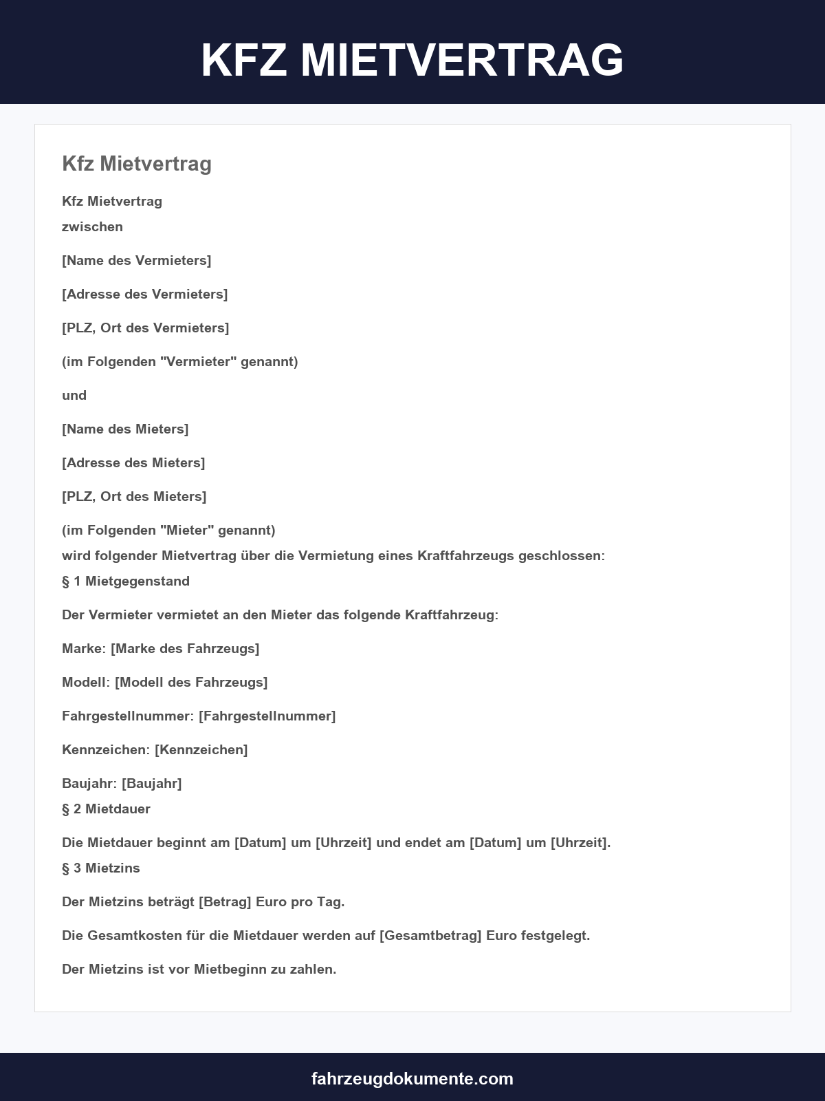 Kfz Mietvertrag Vorlage