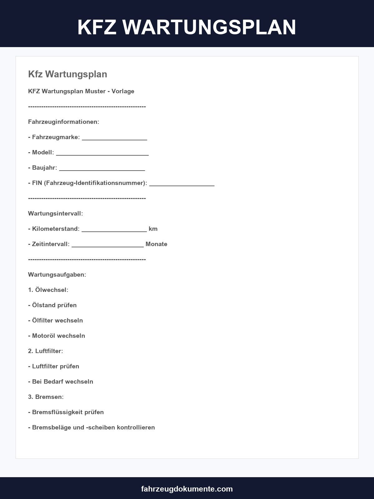 Kfz Wartungsplan Vorlage