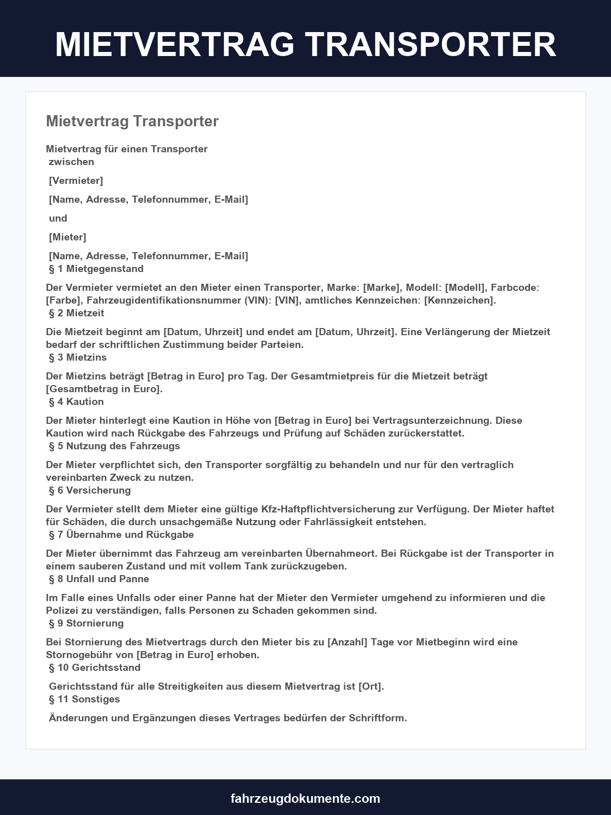 Mietvertrag Transporter Muster