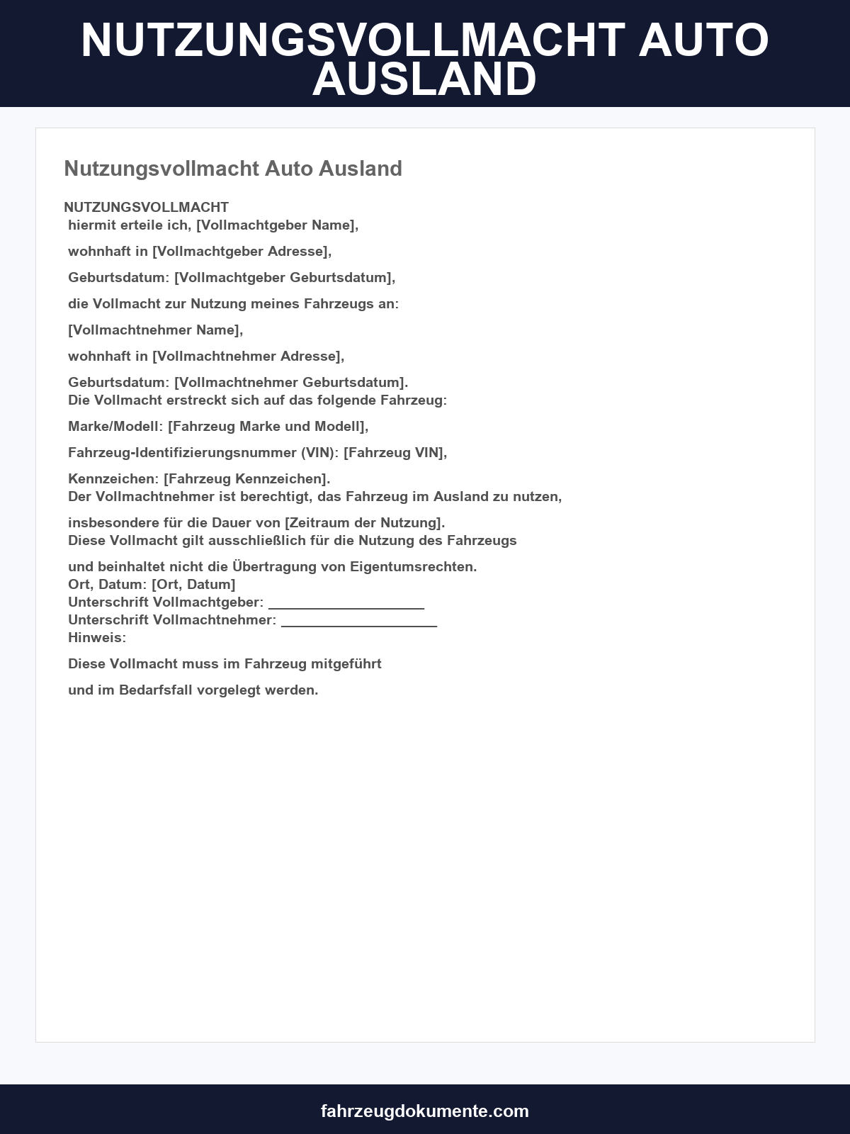 Nutzungsvollmacht Auto Ausland