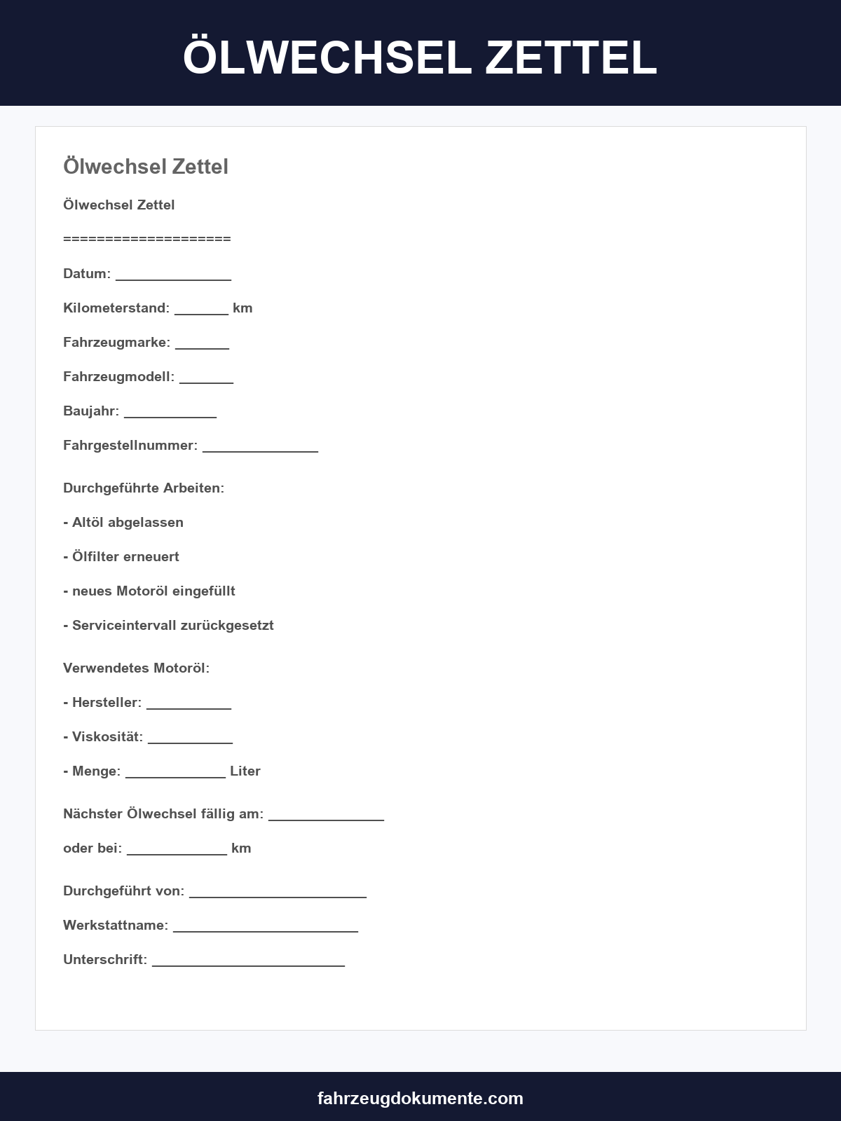 Ölwechsel Zettel Zum Ausdrucken