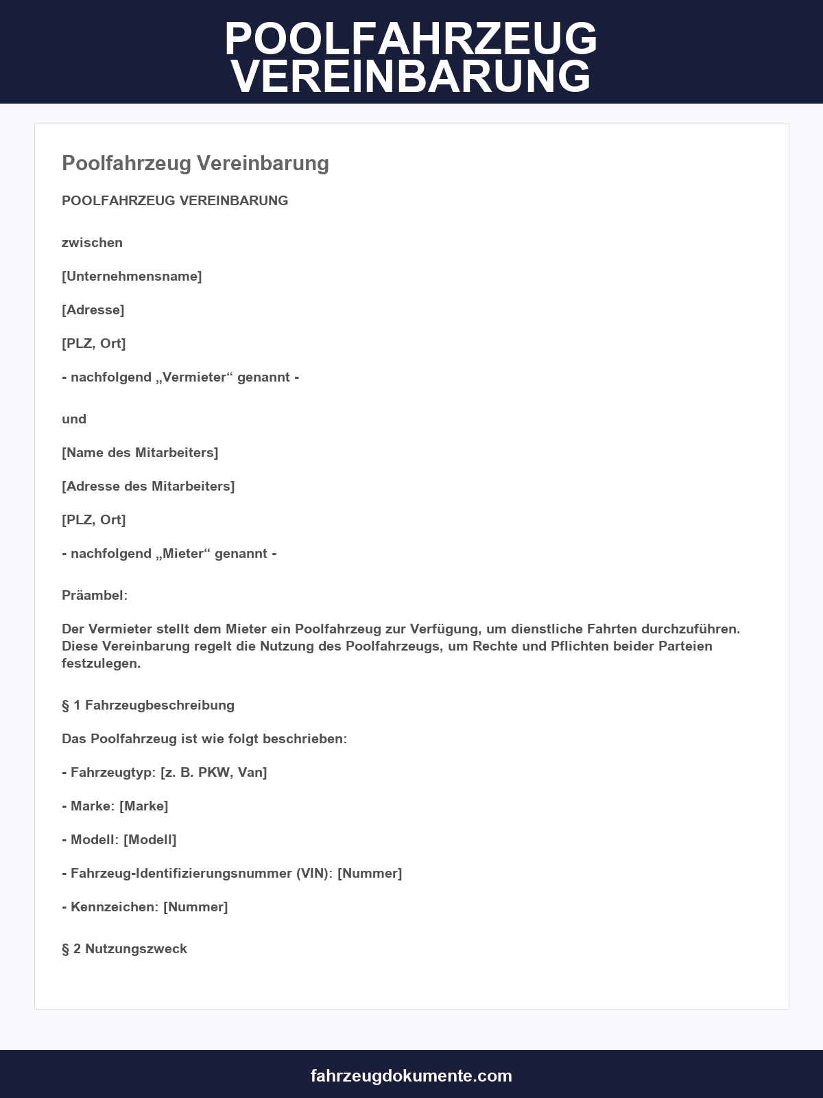 Poolfahrzeug Vereinbarung Vorlage