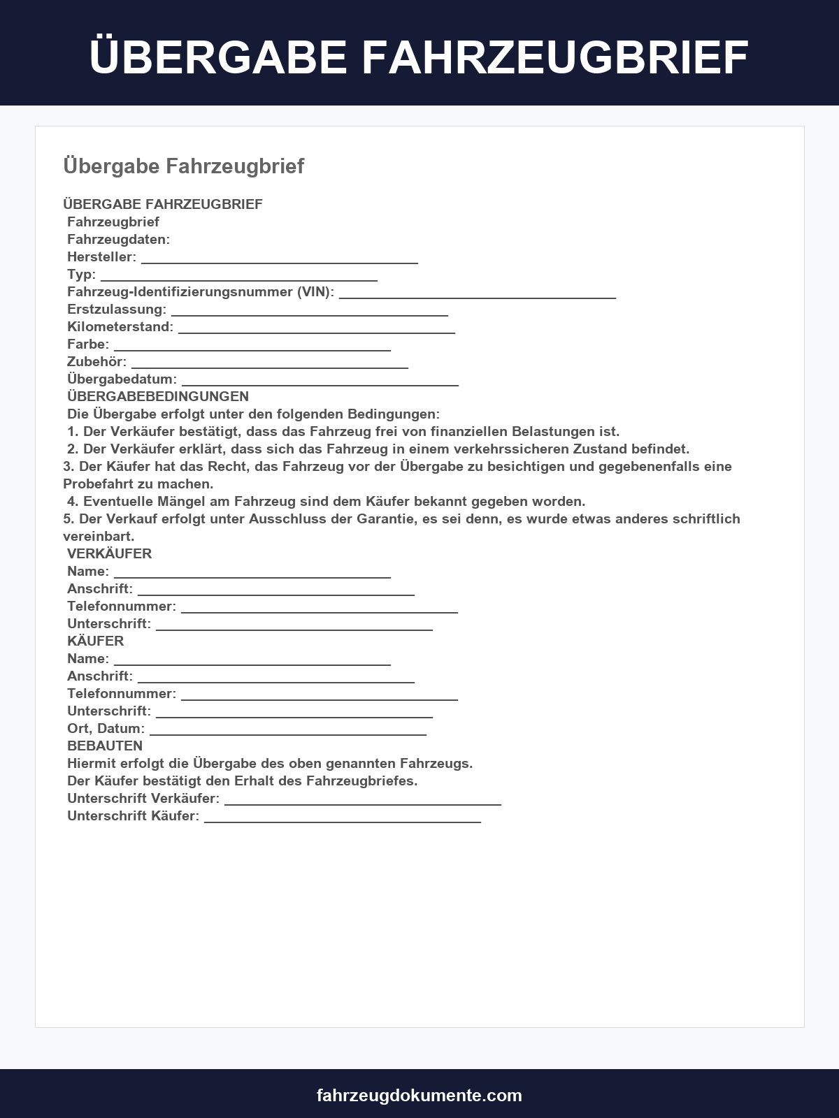 Übergabe Fahrzeugbrief Vordruck