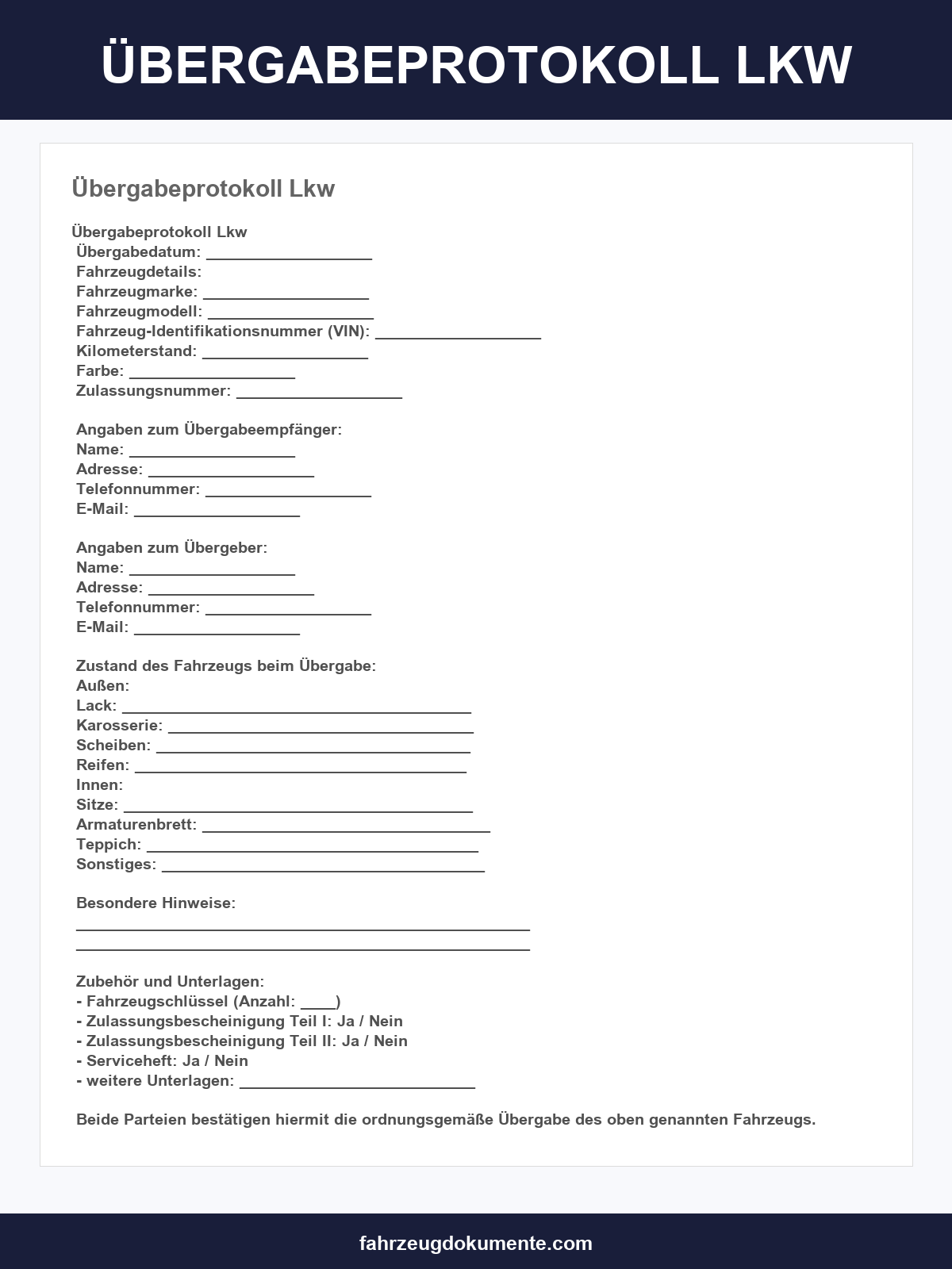 Übergabeprotokoll Lkw