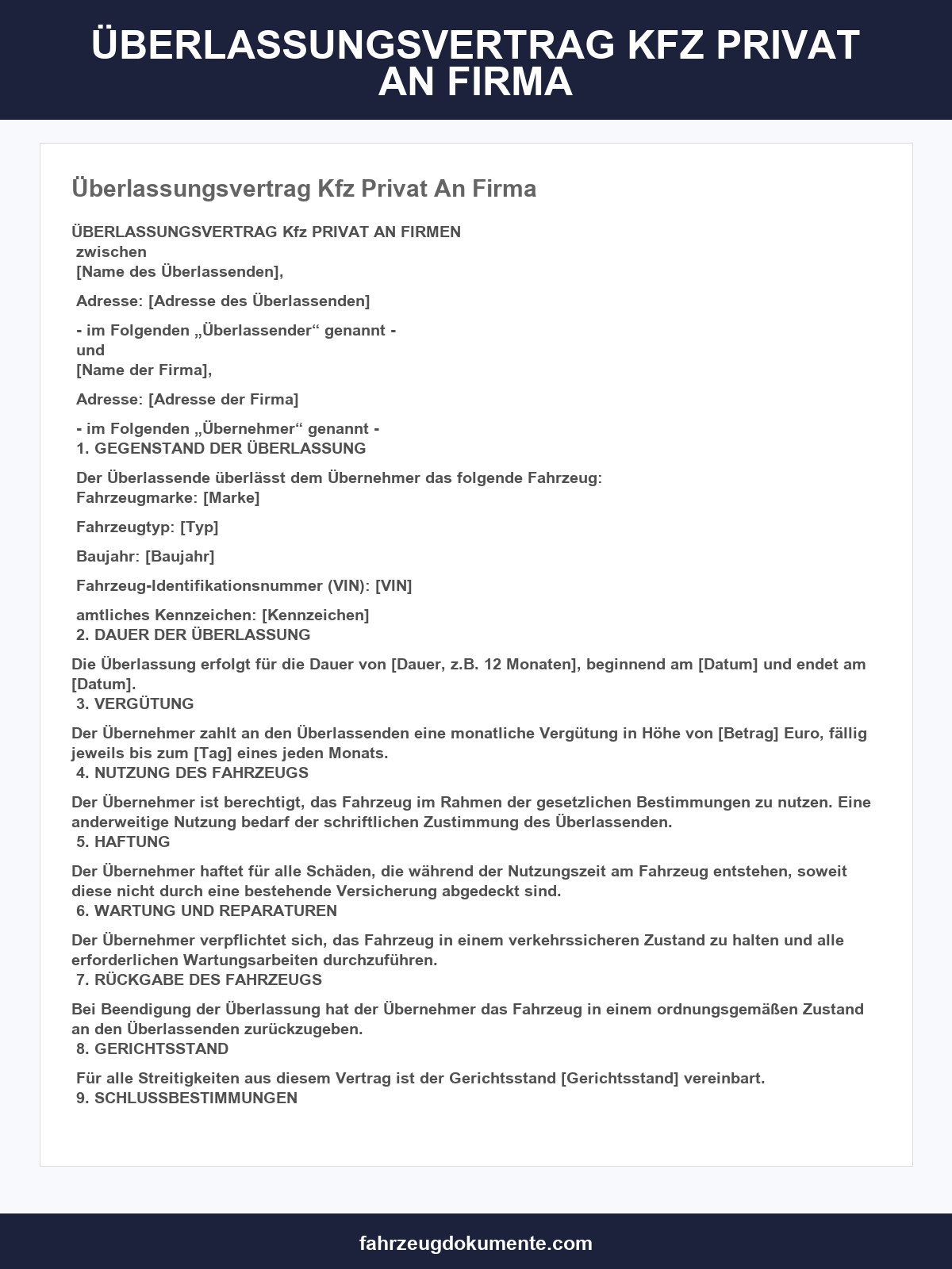 Überlassungsvertrag Kfz Privat An Firma