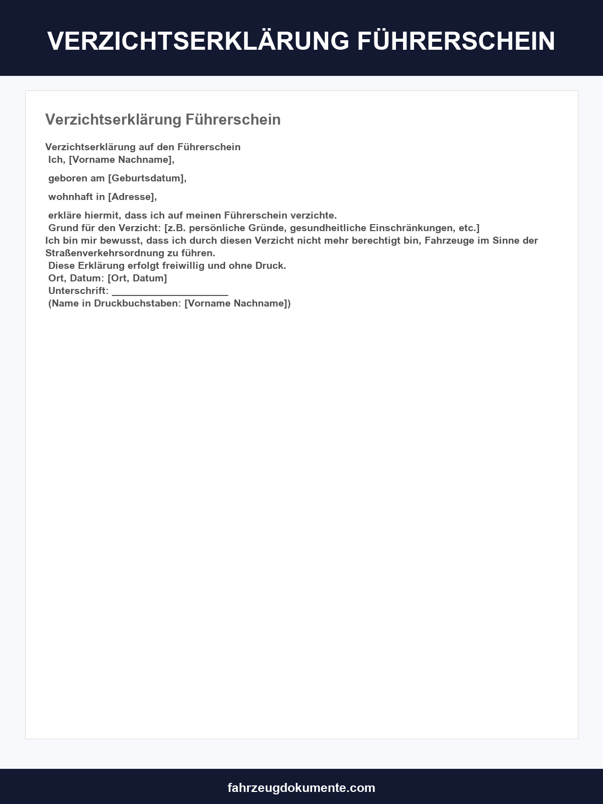 Verzichtserklärung Führerschein Vordruck