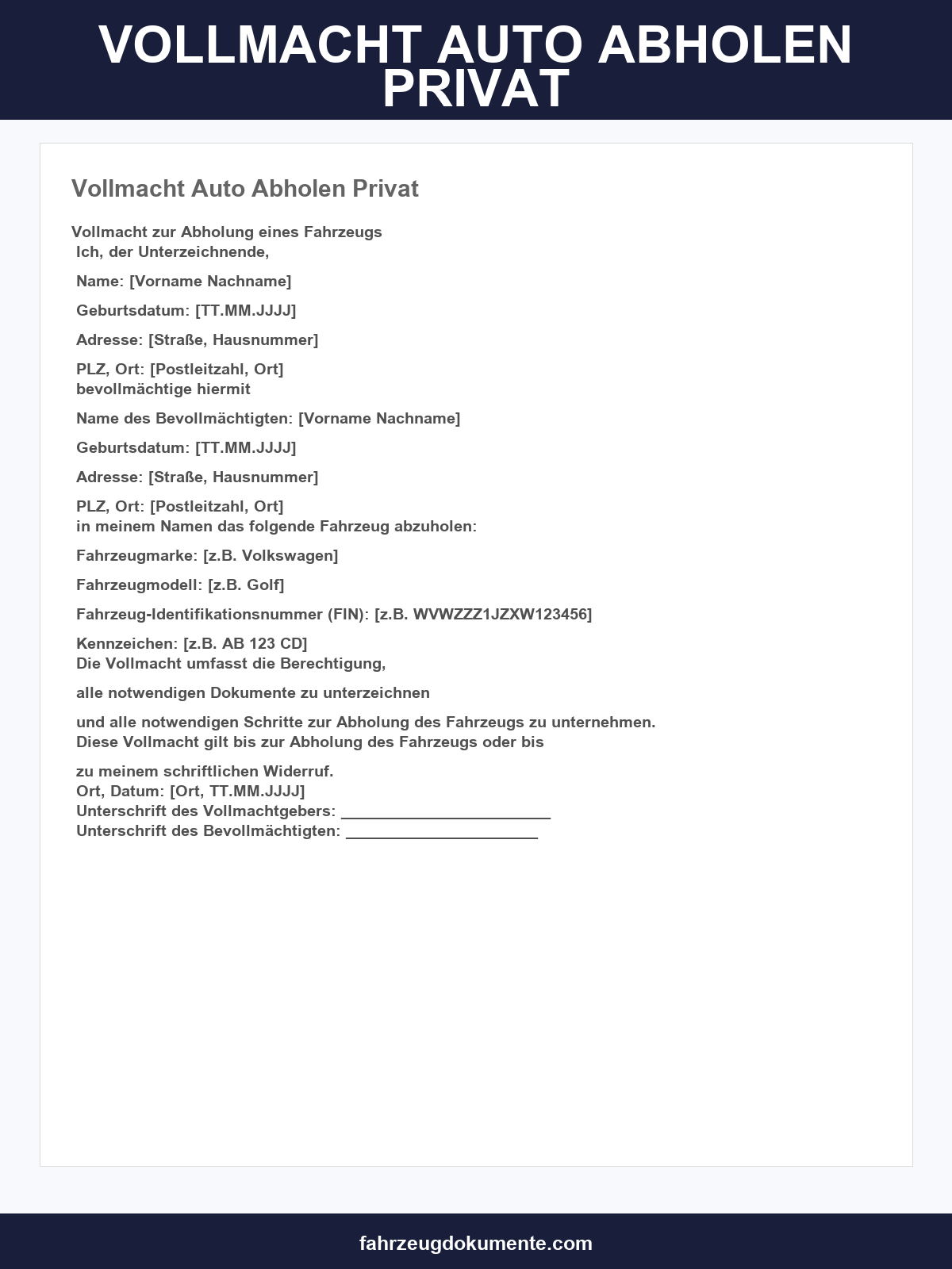 Vollmacht Auto Abholen Privat