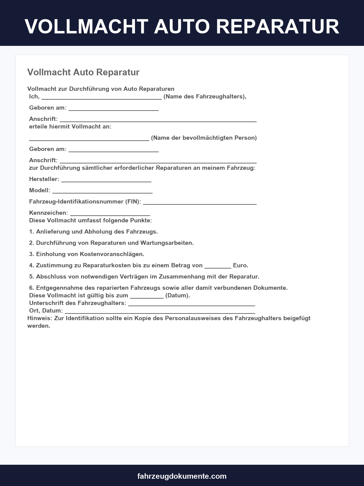 Vollmacht Auto Reparatur