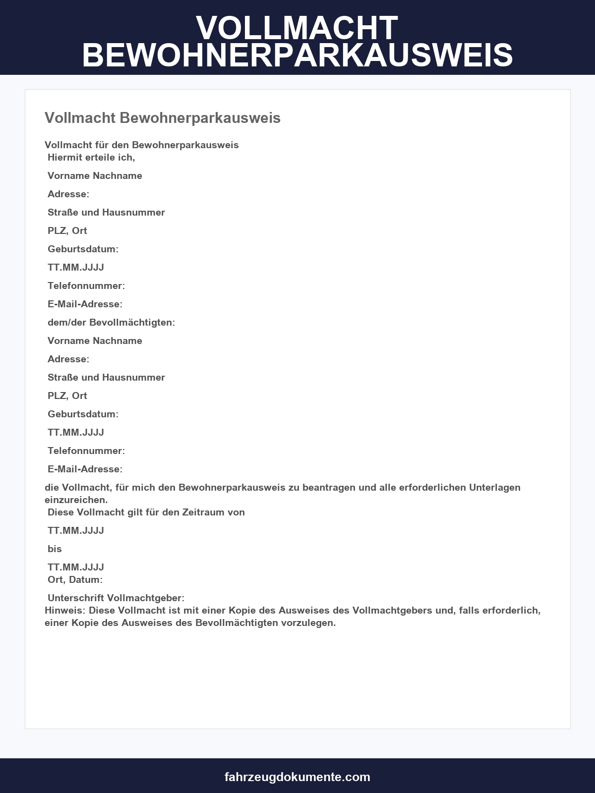 Vollmacht Bewohnerparkausweis Muster
