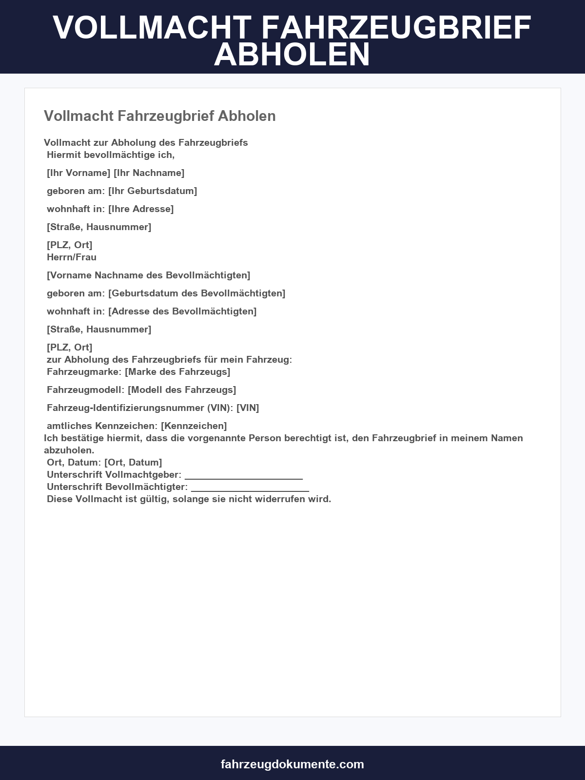 Vollmacht Fahrzeugbrief Abholen
