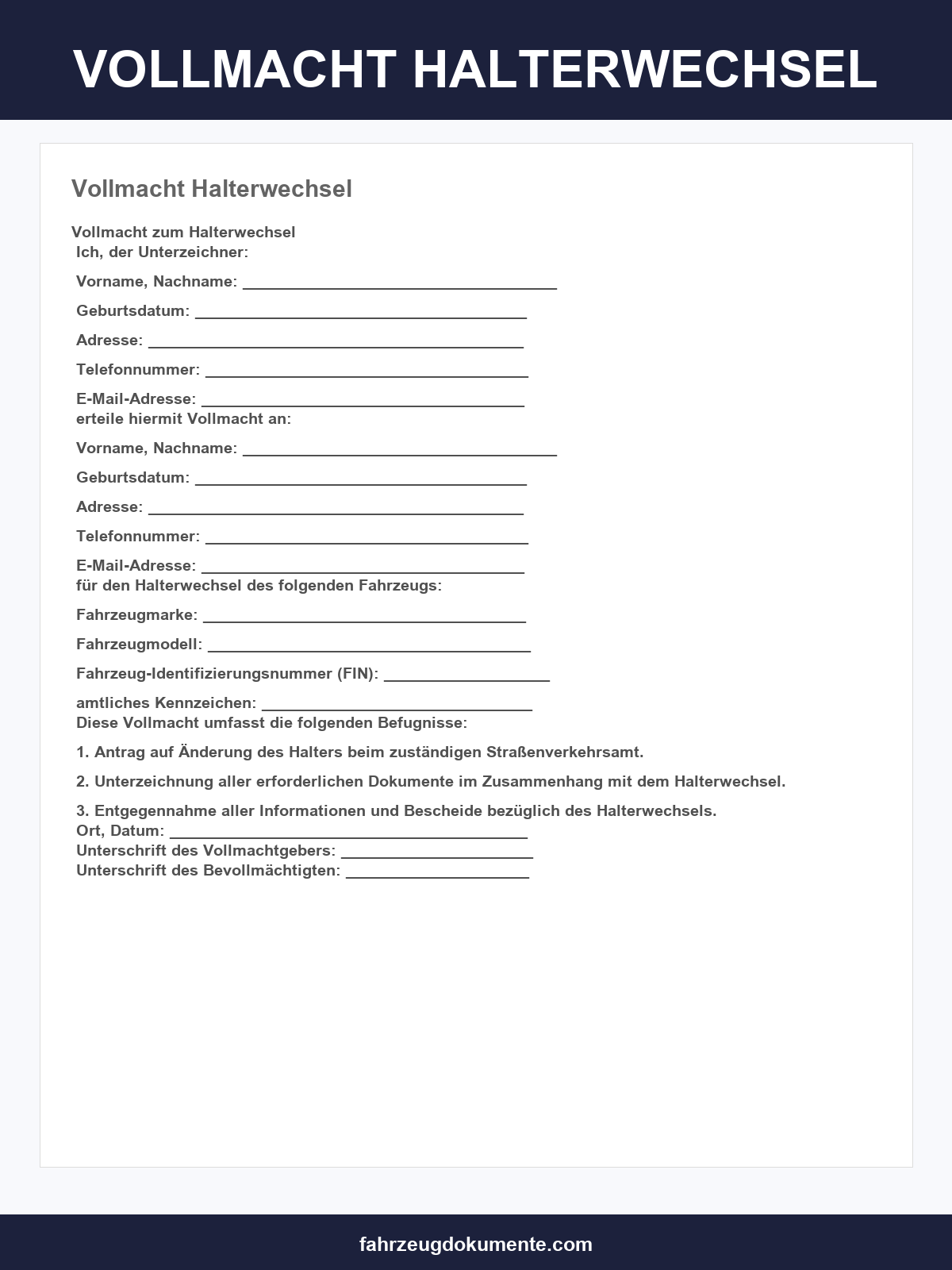 Vollmacht Halterwechsel Vorlage