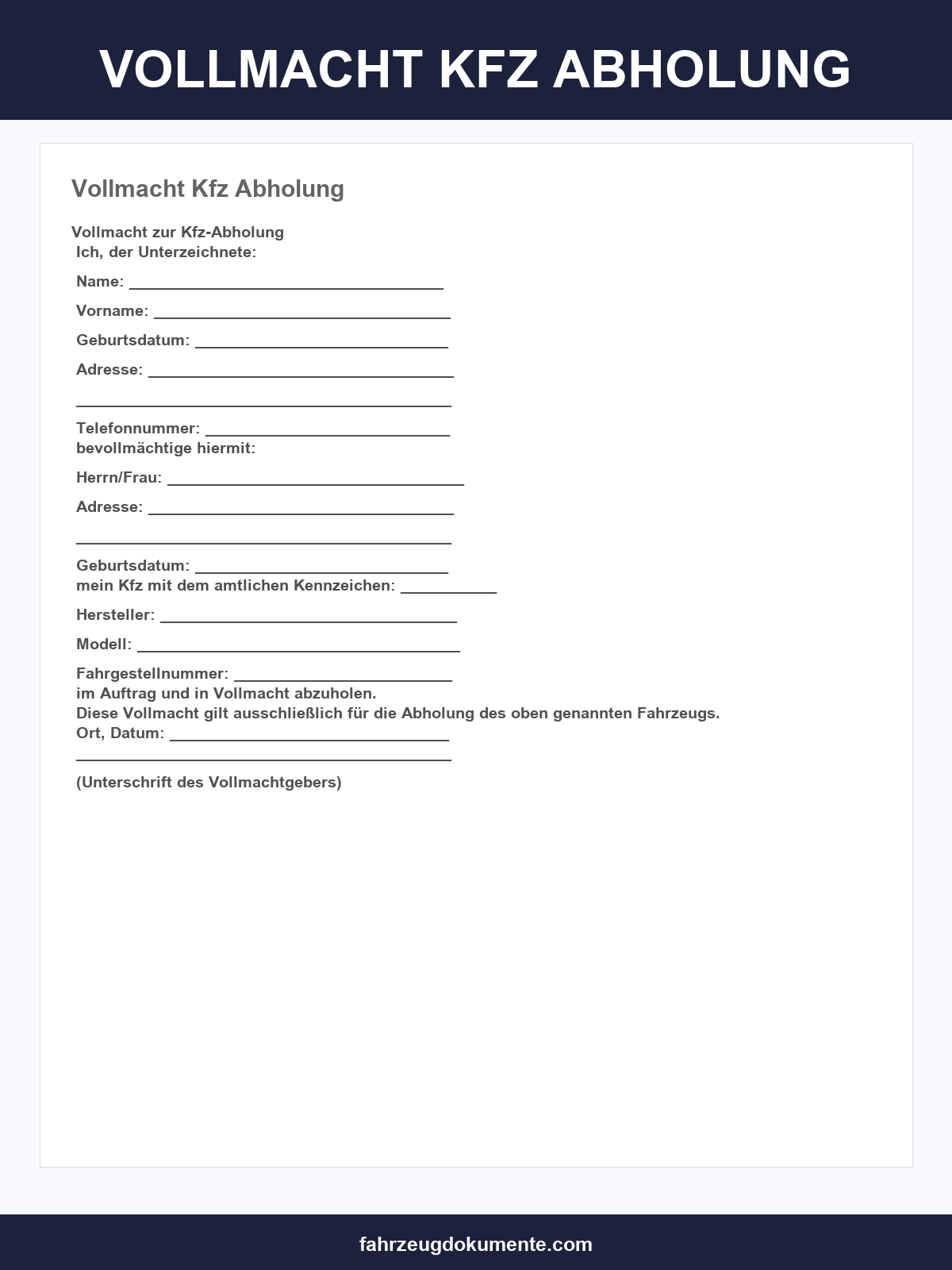 Vollmacht Kfz Abholung