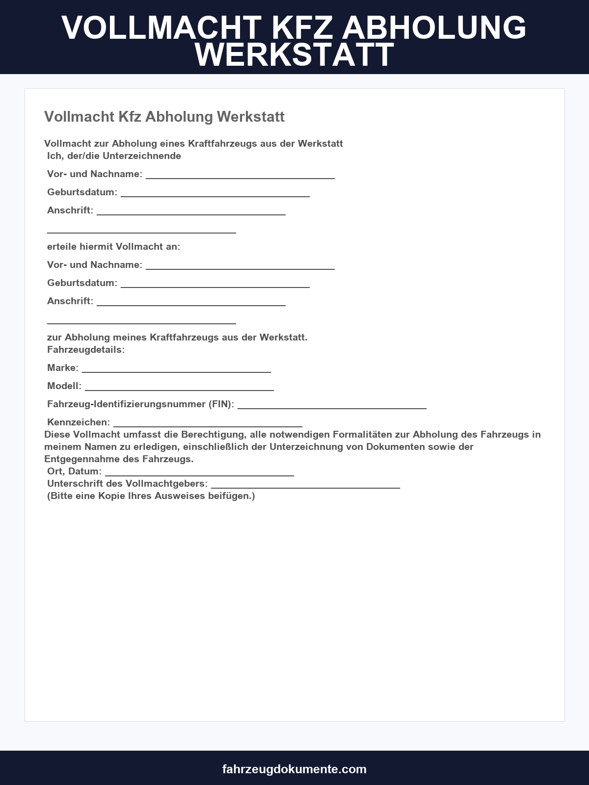 Vollmacht Kfz Abholung Werkstatt