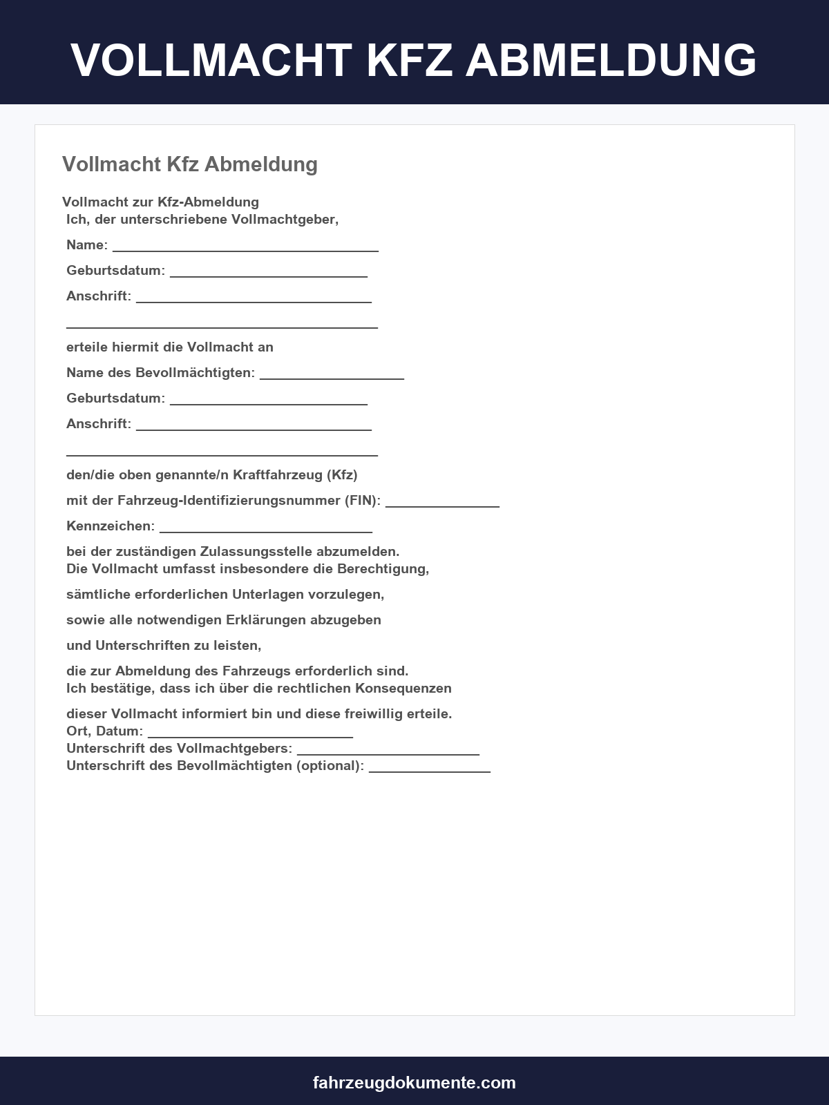 Vordruck Vollmacht Kfz Abmeldung
