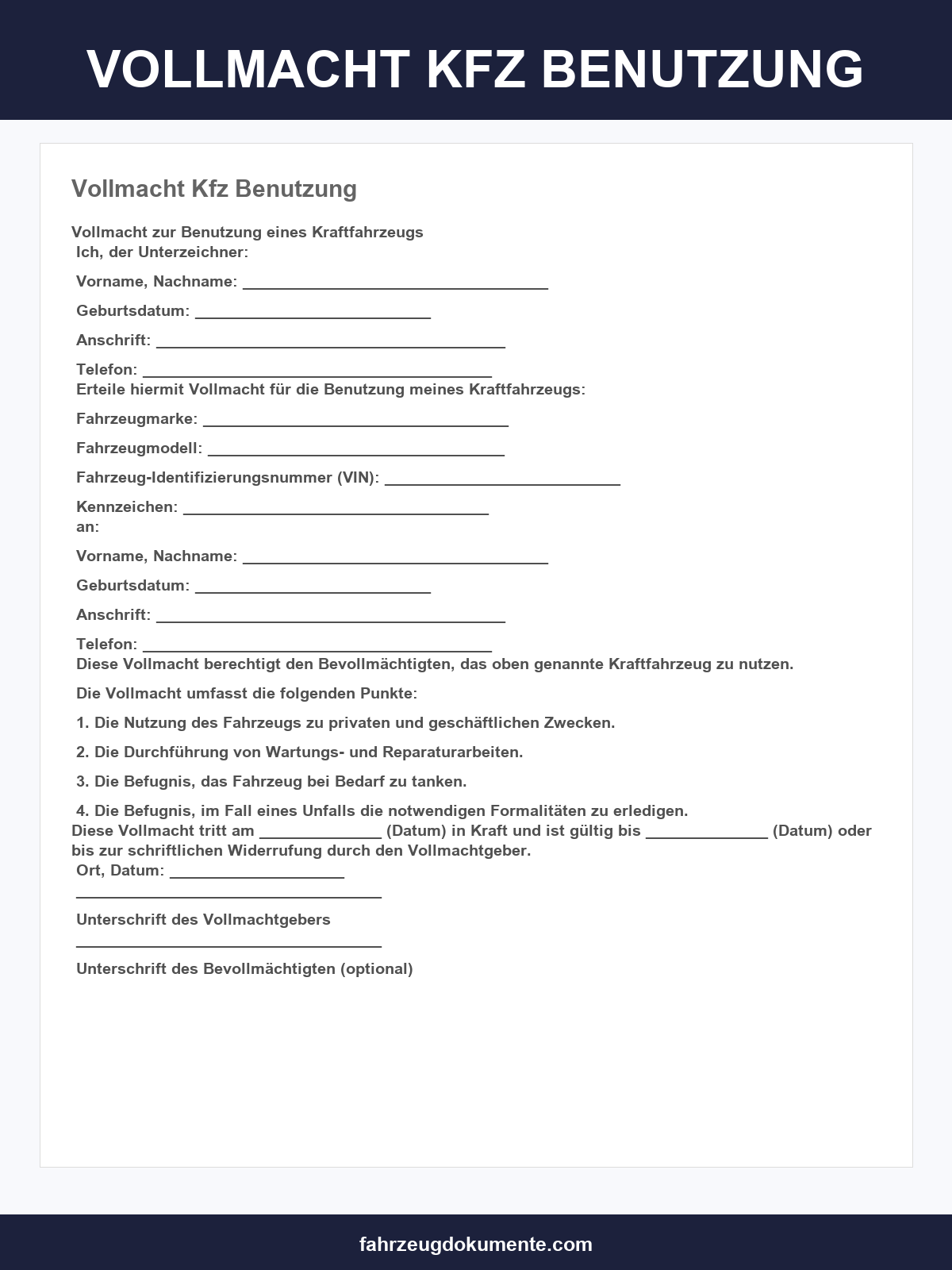 Vollmacht Kfz Benutzung