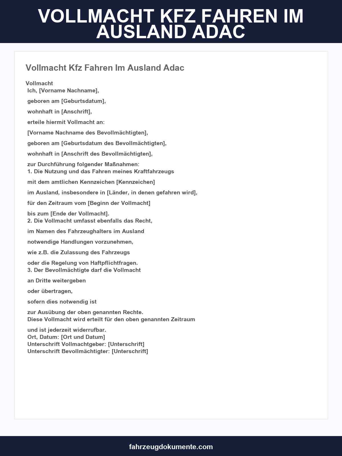 Vollmacht Kfz Fahren Im Ausland Adac