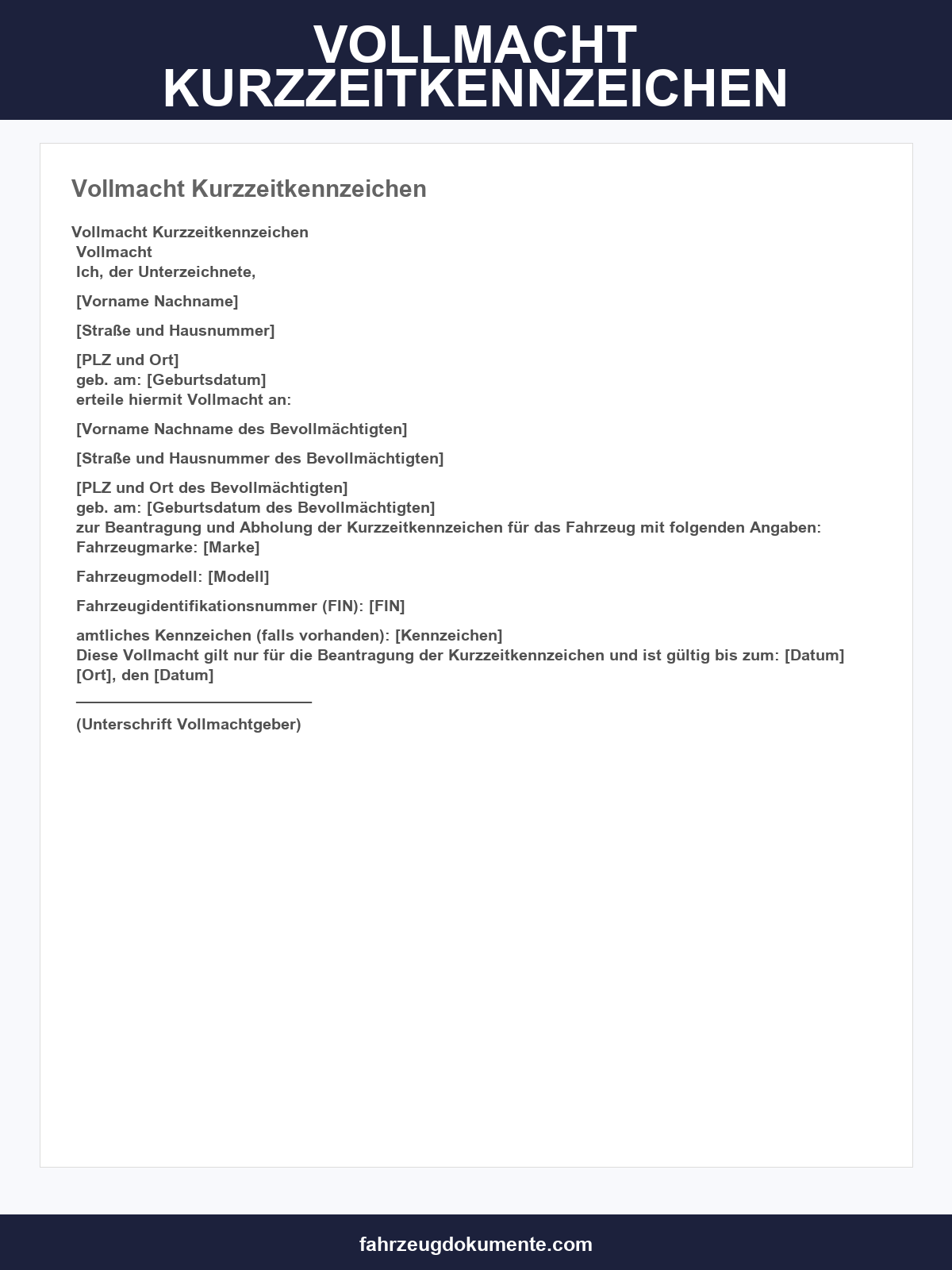Vollmacht Kurzzeitkennzeichen