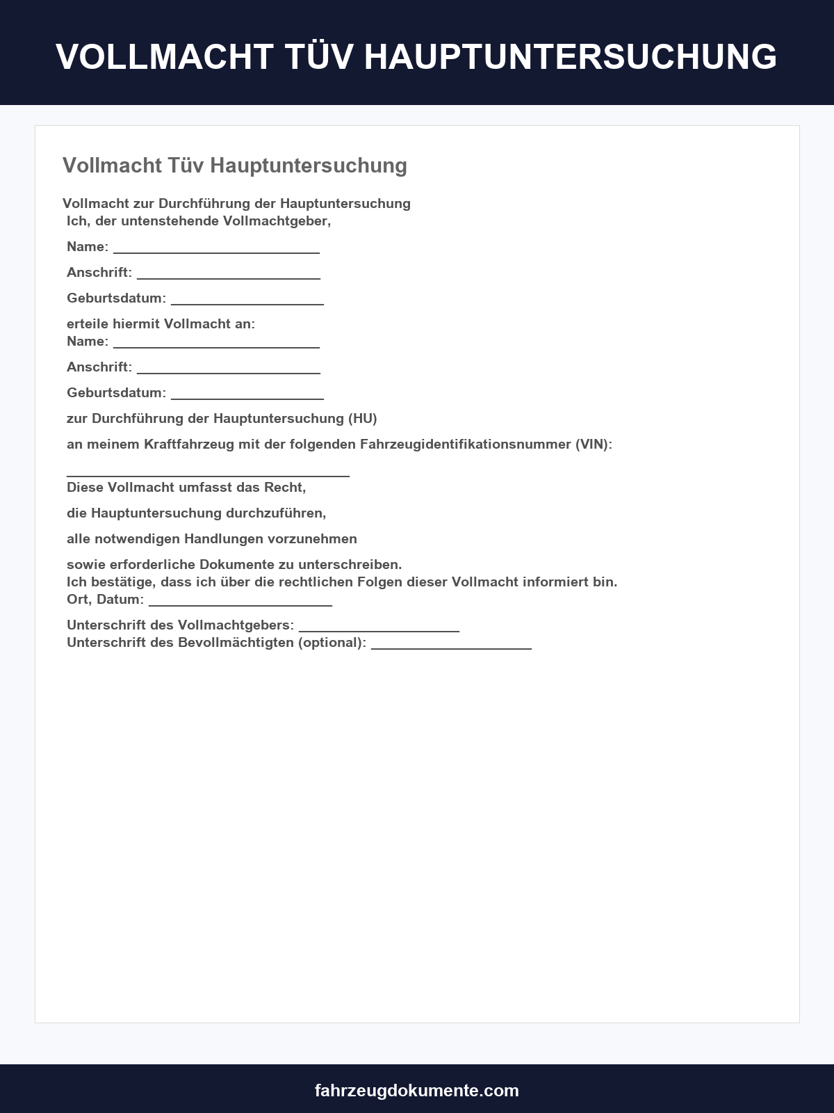 Vollmacht Tüv Hauptuntersuchung