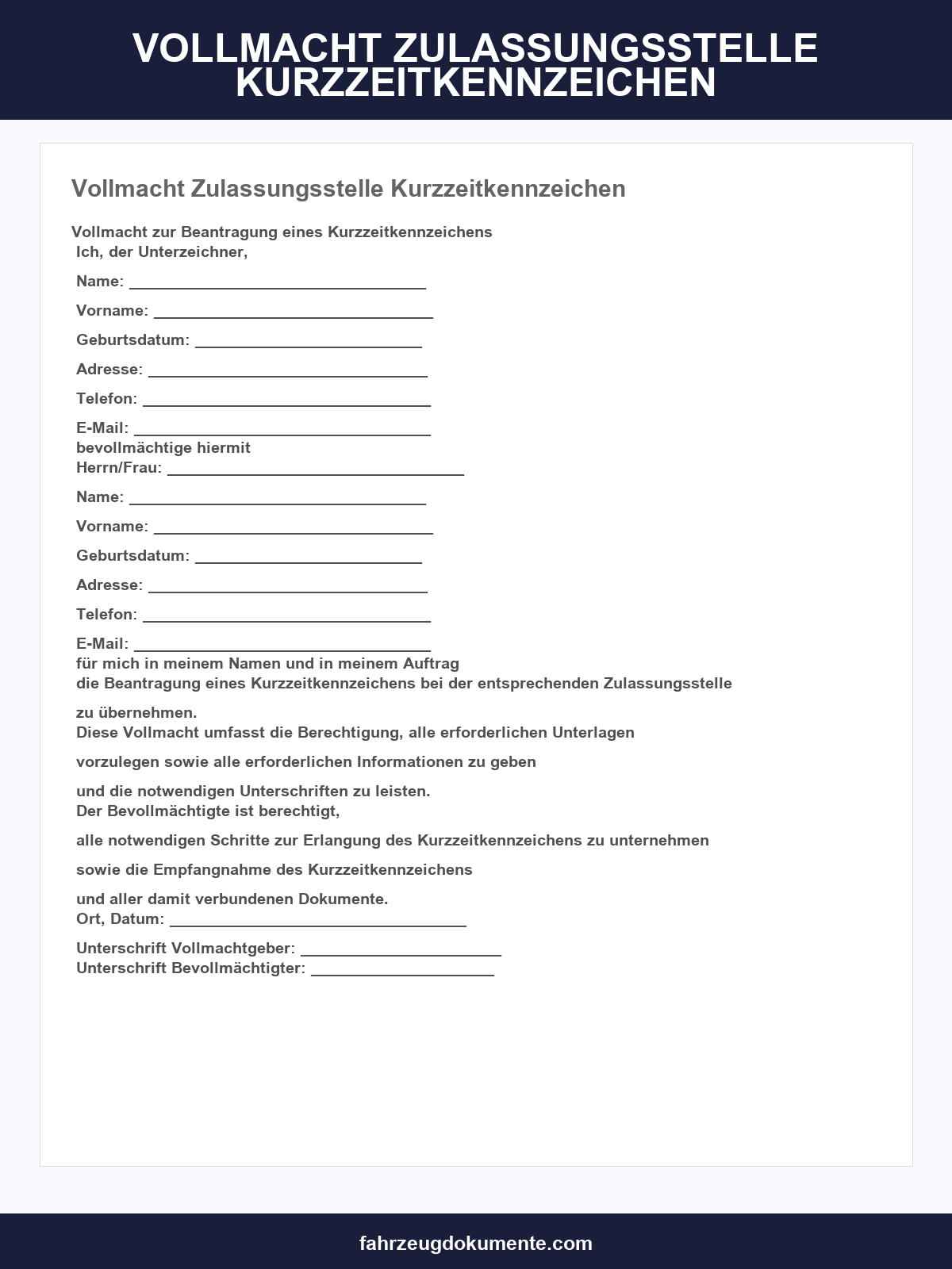 Vollmacht Zulassungsstelle Kurzzeitkennzeichen