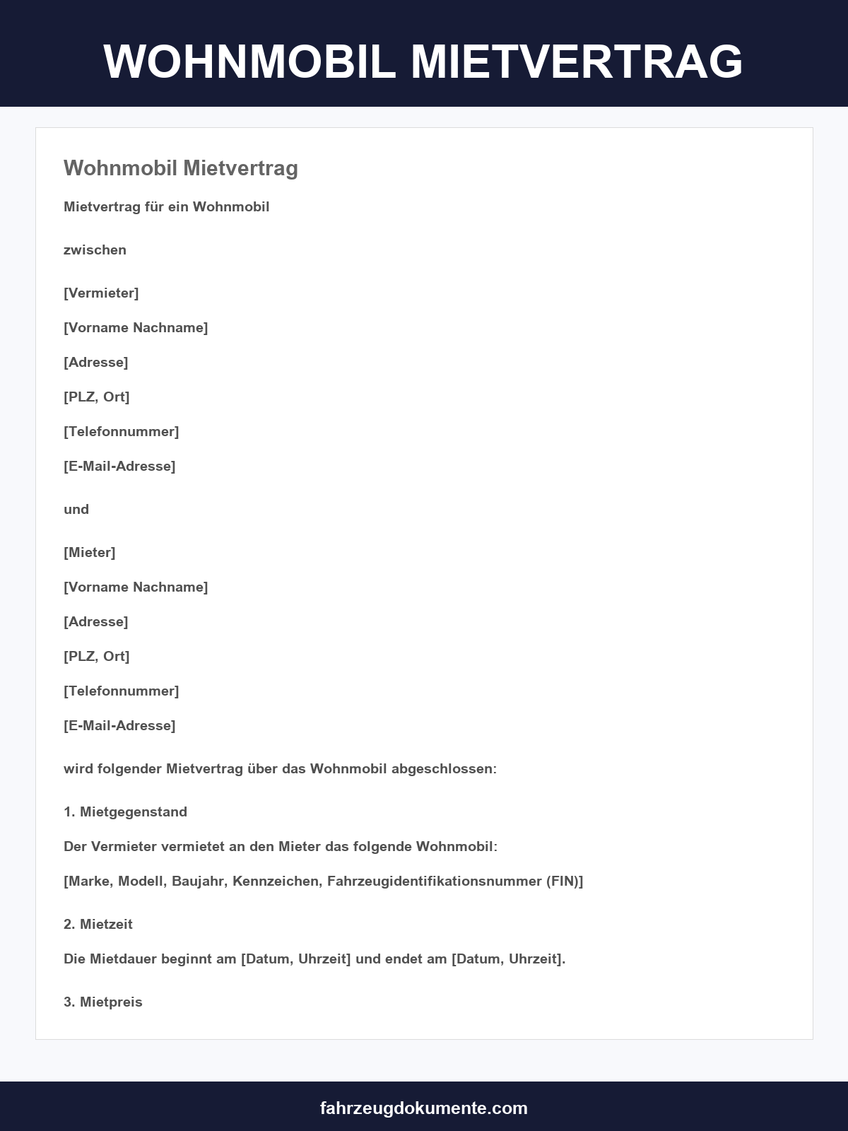 Wohnmobil Mietvertrag Vordruck